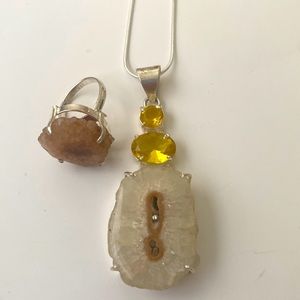 solar quartz and yellow citrine pendant on a chain .solar quartz ring size 7